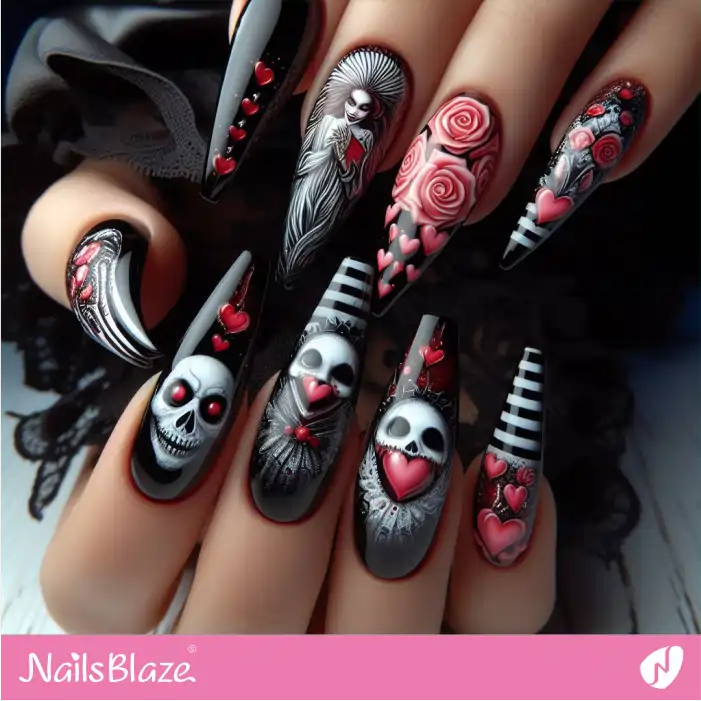 Skull and Roses Valentine Nail Design | Valentine Nails - NB2166